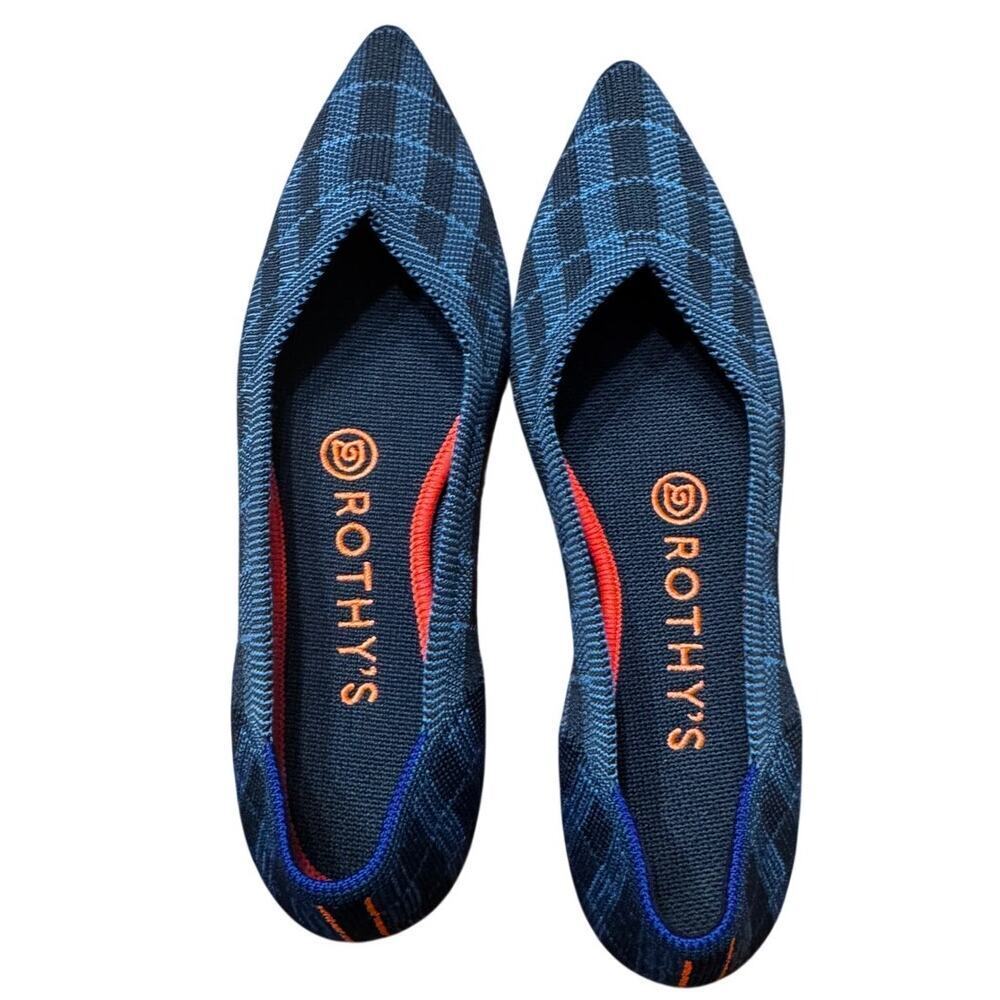 Rothy’s The Point Flat in Rare Indigo Gingham Plaid Blue Red Sole Women’s Size 6